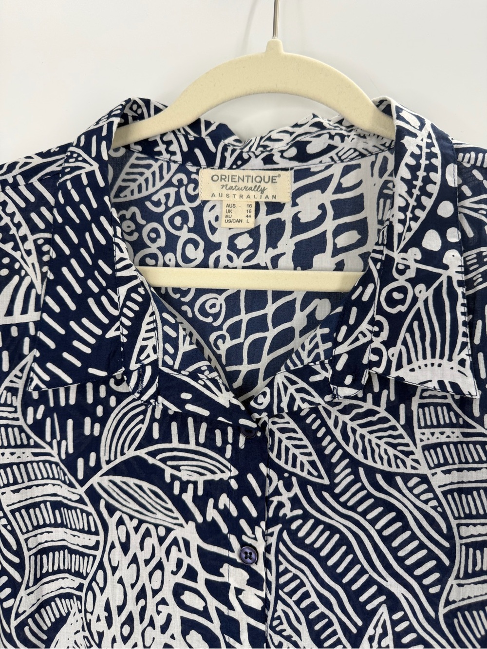 Orientique Navy and White Abstract Floral Lightweight Organic Cotton Dress Large - Picture 2 of 6